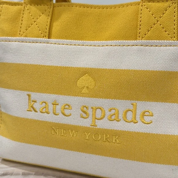 Kate Spade Bag Yellow White Striped Canvas Logo Small Tote Bag - Picture 5 of 17